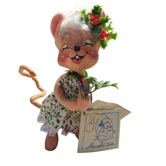 Vintage 7" Holly Girl Mouse Annalee Mobilitee Doll Christmas Hand painted w/Tags - Picture 1 of 4
